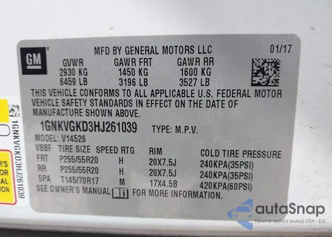 2017 Chevrolet Traverse 1Lt из США, поврежденный, VIN 1GNKVGKD3HJ261039